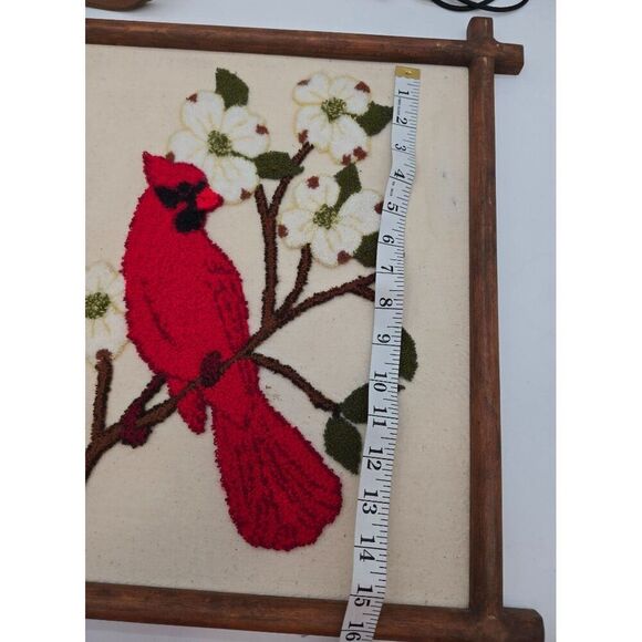 Vintage Handmade Cardinal & Dogwood Punch Needle Art In Wooden Frame - Picture 7 of 10